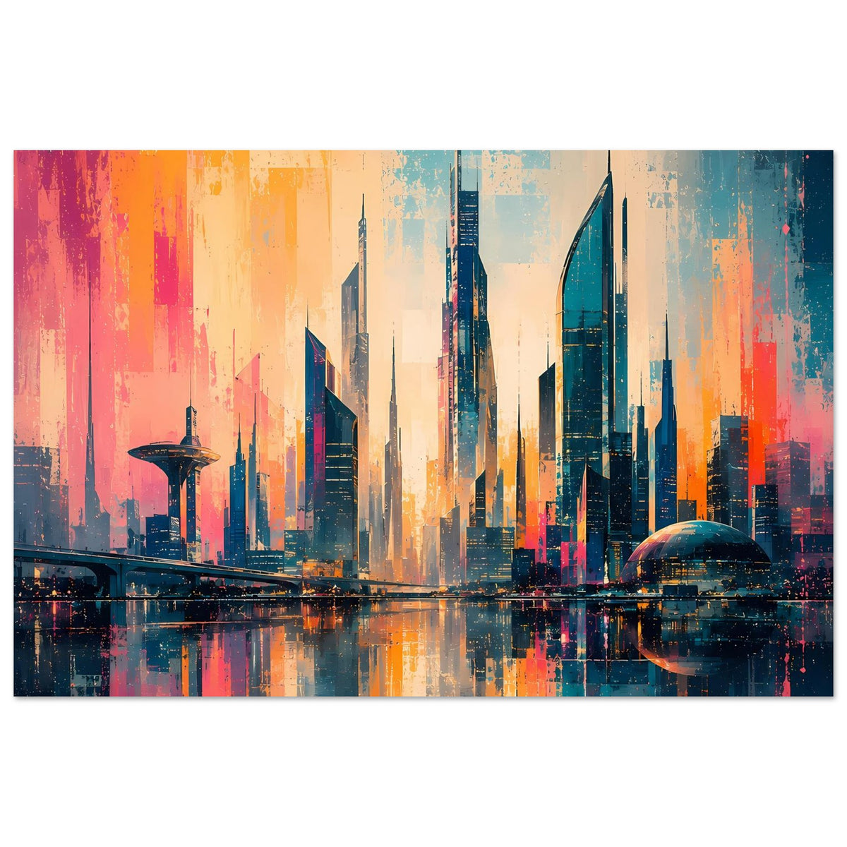 Stadtposter im Querformat mit futuristischer Skyline, großen Türmen und Spiegelung im Wasser