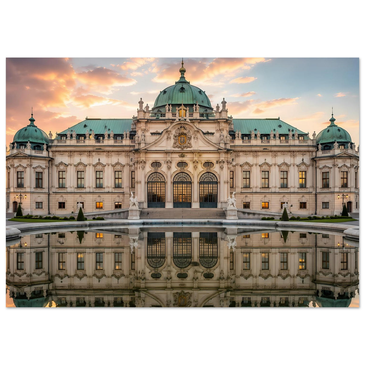 Schloss-Poster im Querformat mit barocker Fassade, grüner Kuppel und Spiegelung