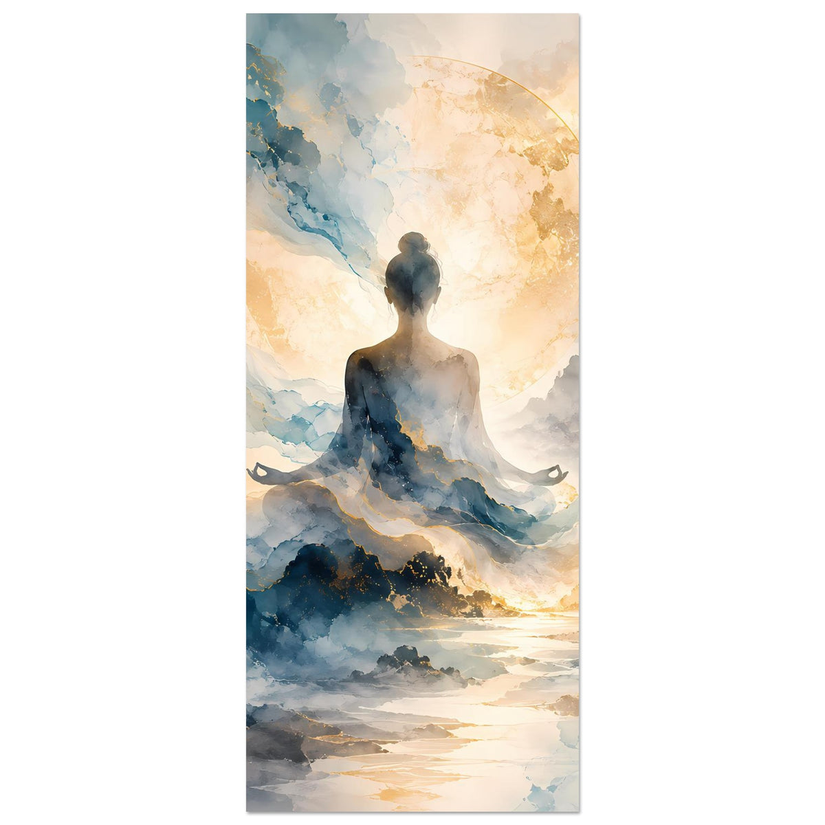 Abstraktes Zen-Poster im Hochformat: Meditationsfigur, goldene Scheibe, Blau-Gold-Wolken