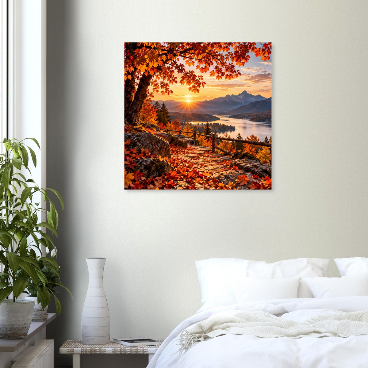 Herbstliches Sonnenuntergangs-Landschaftsposter mit orangefarbenen Bäumen und Blick auf Wasser