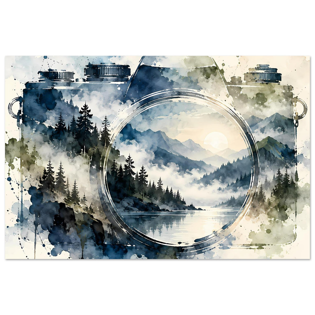 Aquarell-Poster im Querformat: Vintage-Kamera über Wald, Berge und Dunsthimmel