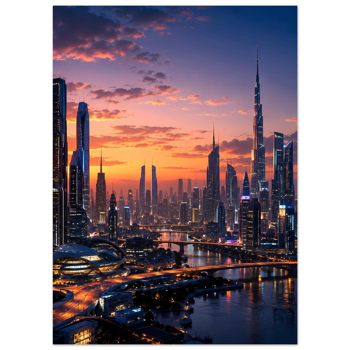 Hochformat-Poster: Skyline bei Sonnenuntergang, Fluss mit Lichtspuren und hohe Gebäude