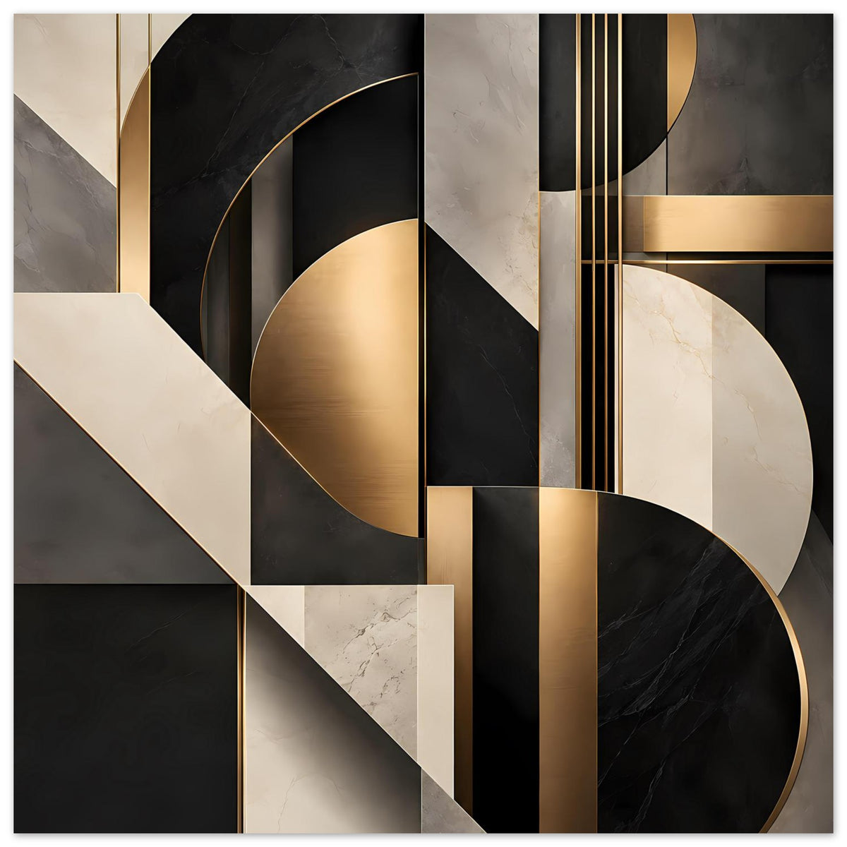 Geometrisches Poster-Detail mit goldenen Akzenten und schwarzem/weißem Marble in Streifen
