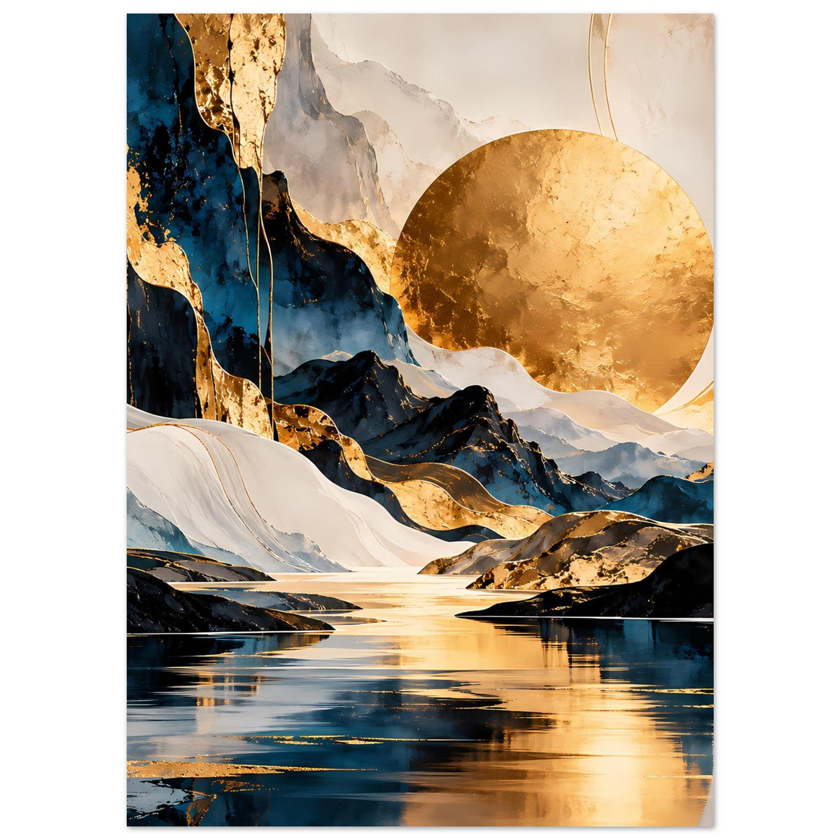 Kunstposter mit goldenen Akzenten: Bergkette, weißer Nebelschleier, See und goldener Mond.
