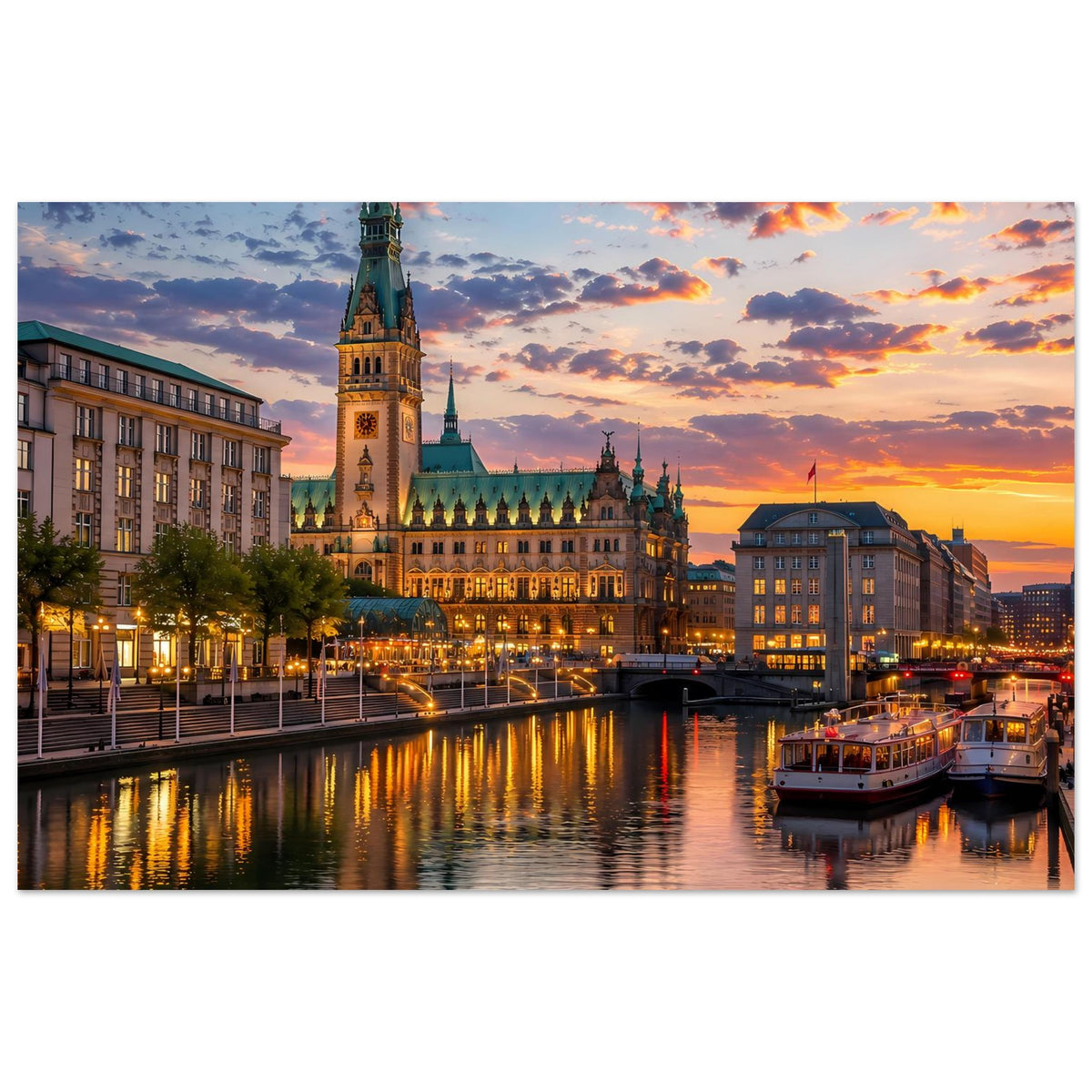 Stadtlandschafts-Poster mit Fluss und Steg, beleuchtete Häuser und warmes Abendrot
