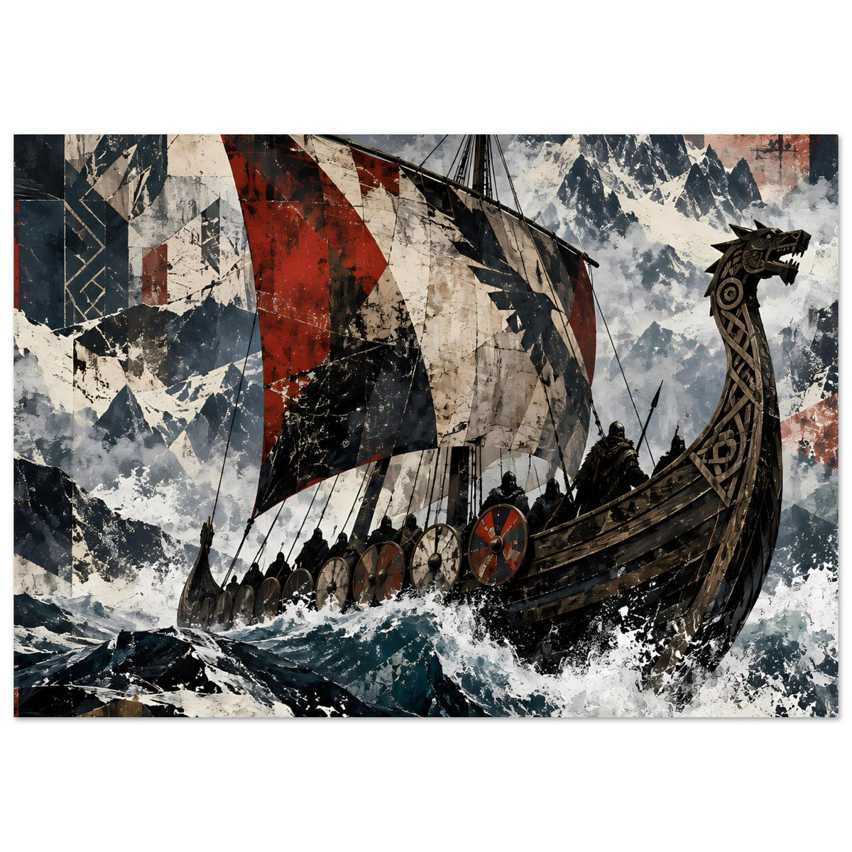 Wikingerschiff-Poster im Querformat: Langschiff mit rot-schwarzem Segel und Meeresschaum