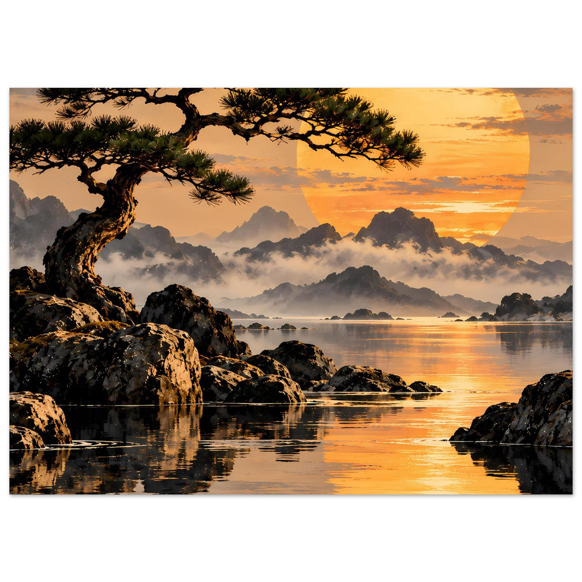 Gerahmtes Landschafts-Poster mit See, Felsen, Baum und goldenem Abendhimmel mit Sonnenkreis