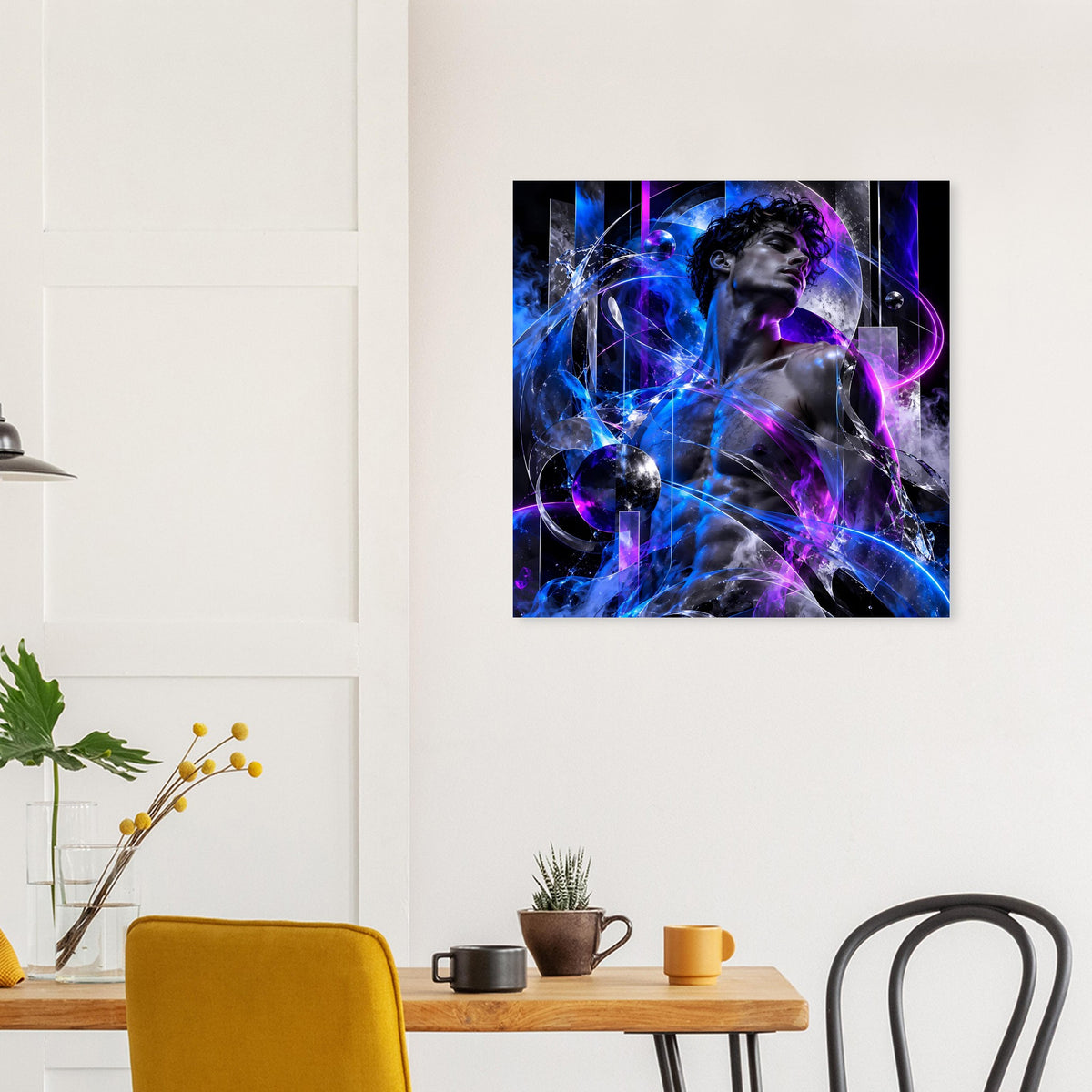 Rechteckiges Poster mit kosmischer Energiefigur in Blau und Violett, leuchtende Formen