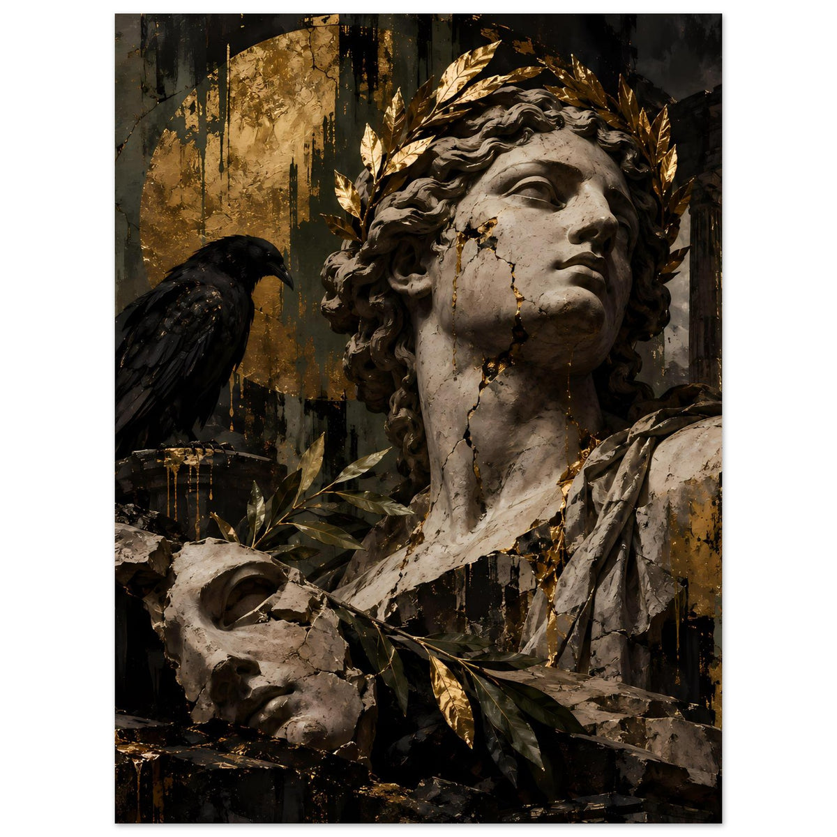 Barockes Poster – mittlere Ansicht mit Statue, goldenen Lorbeerzweigen und Vogel