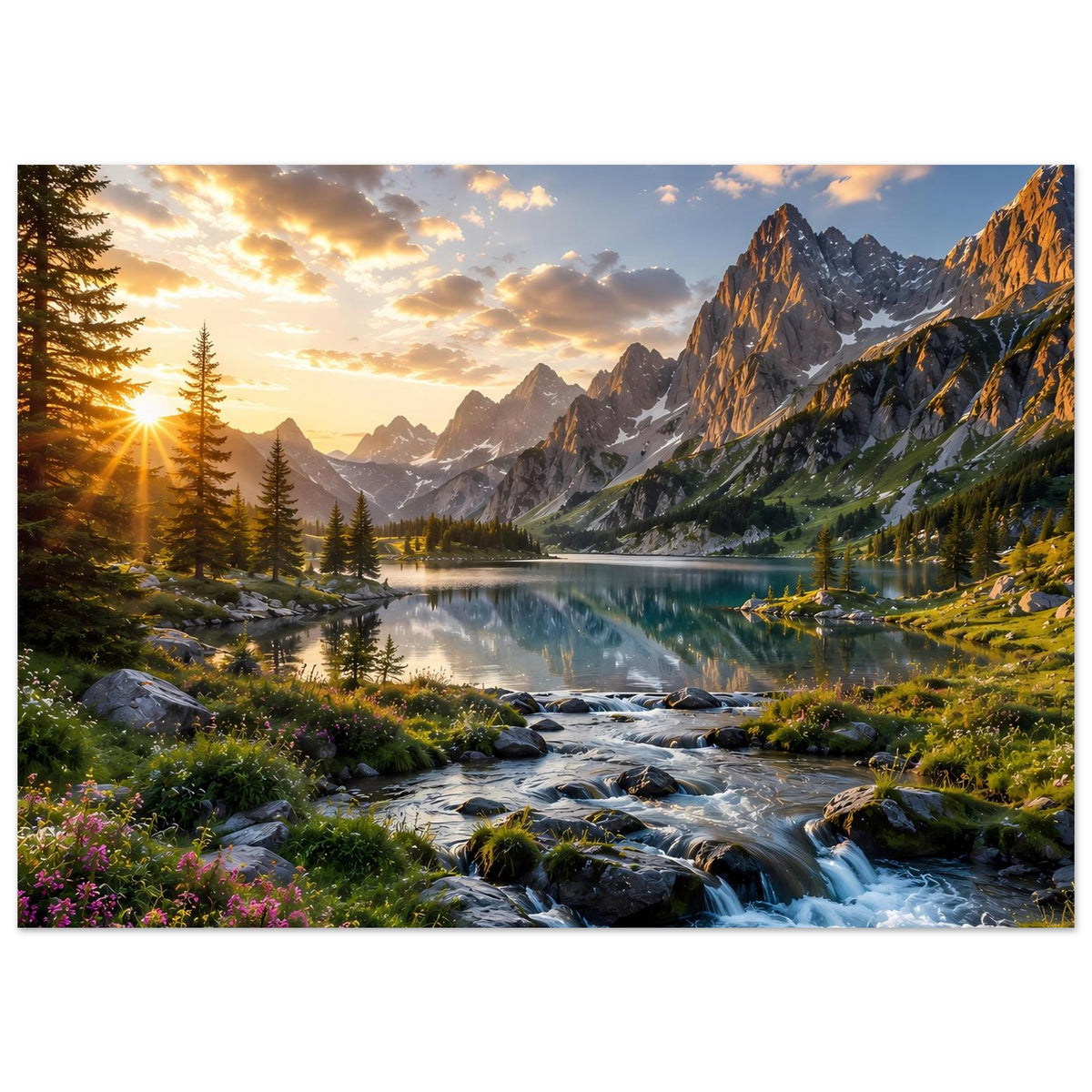 Poster: Sonnenaufgang über Bergsee, Wasserlauf mit Felsen, Berge und Kiefern