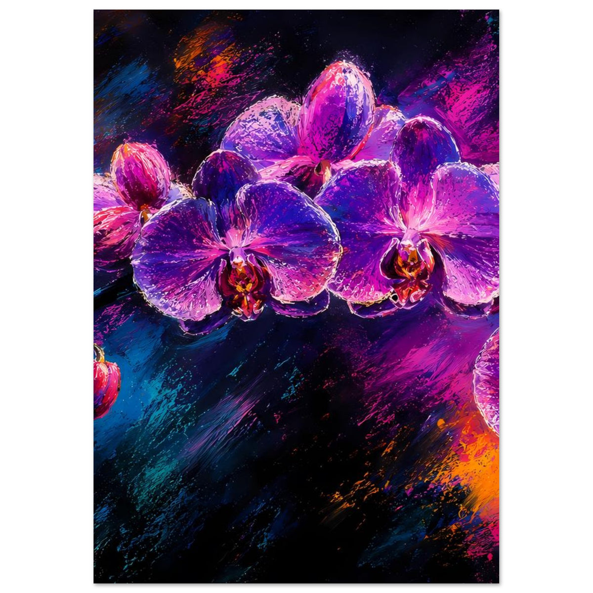 Vertikales Blumenposter mit Orchideenblüten in Violett und Pink, mit farbigen Pinselstrichen