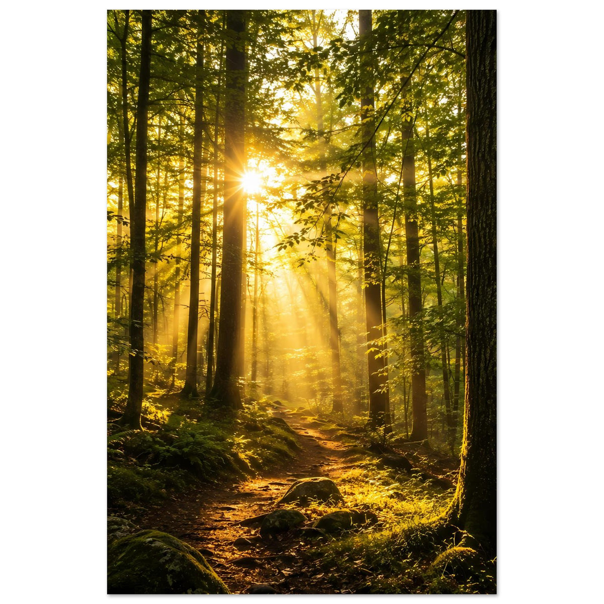 Hochformat-Wandposter: Sonnenaufgang im Wald, Lichtstrahlen durch hohe Bäume