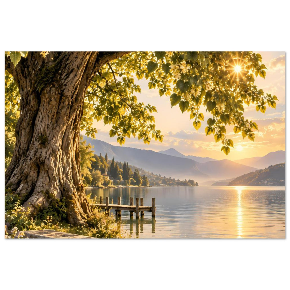 Poster mit Baumstamm, überhängenden Blättern, See mit Sonnenreflex und Holzsteg im Hintergrund