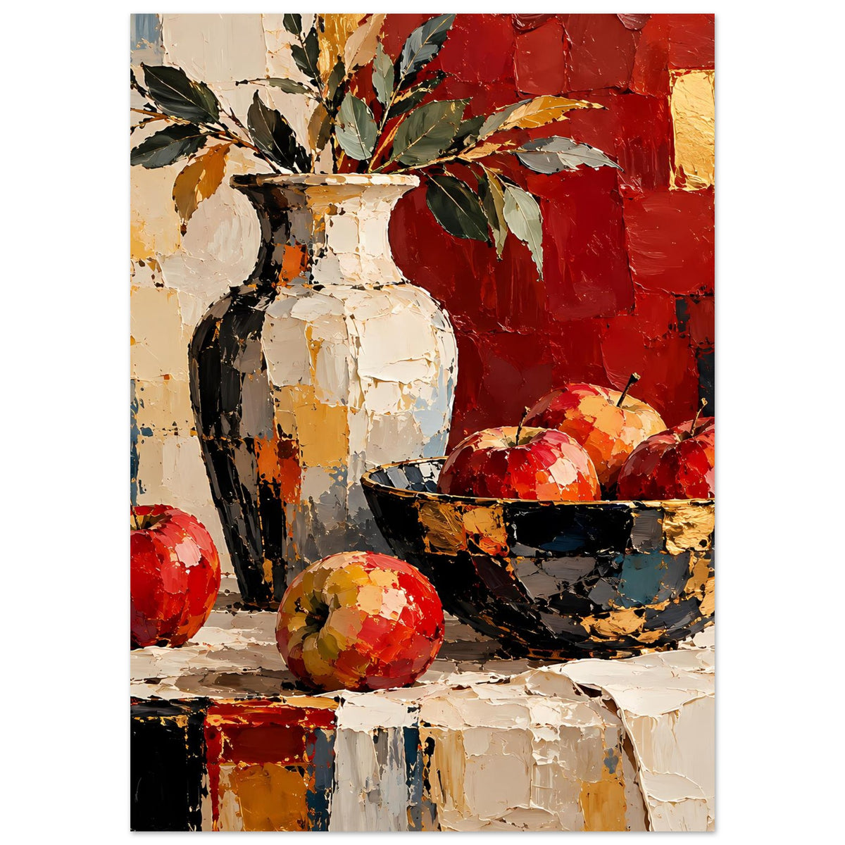 Kunstposter mit Stillleben in warmen Erdtönen: Vase, rote Früchte und Schale im Detail