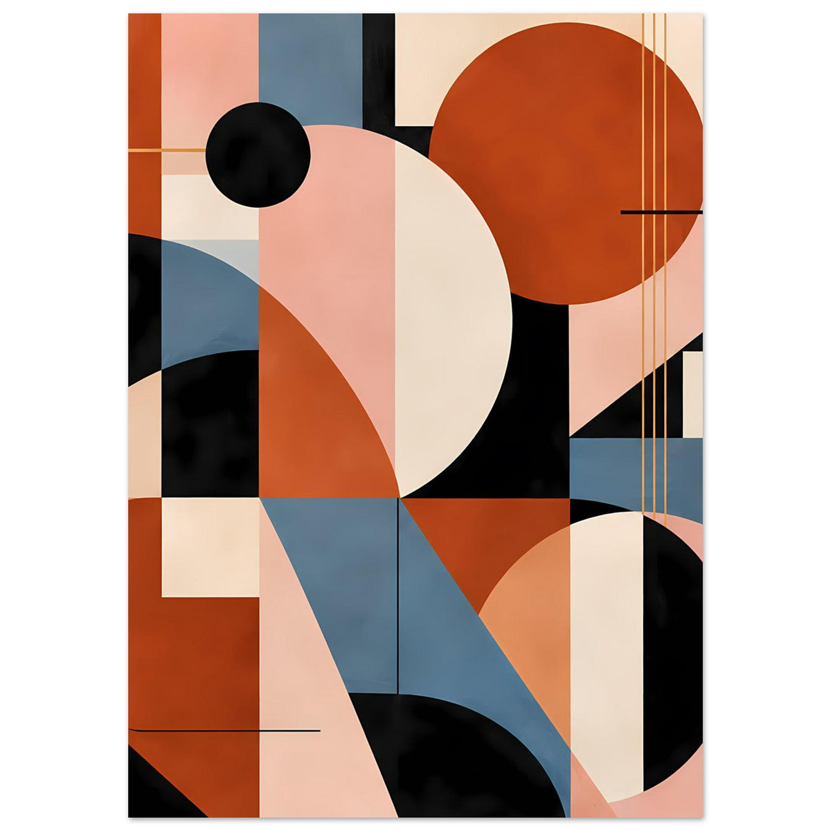 Geometrisches Kunstposter mit runden Formen, geschwungenen Linien und Farbfeldern in Blau, Terrakotta