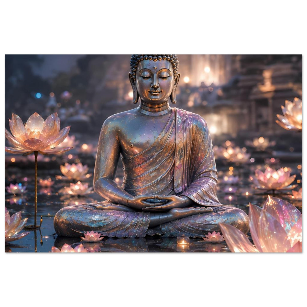 Buddha-Meditationsposter: sitzender Buddha mit ausbrechenden Lotusblüten und Lichtern