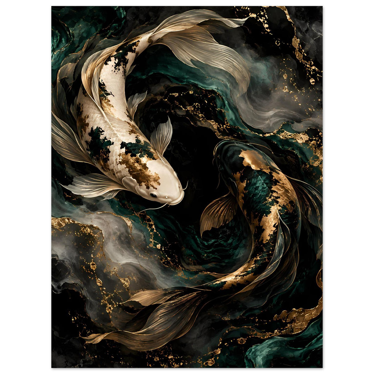 Kunstposter mit zwei Koi-Fischen in Tiefgrün und Gold, Nahansicht der Fische