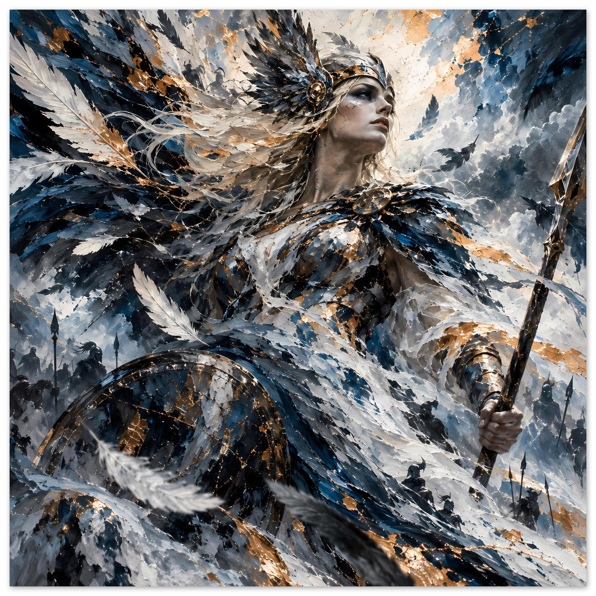 Kunstposter (hochkant) mit Kriegerin im Federkleid und goldenen Akzenten, blauer Hintergrund