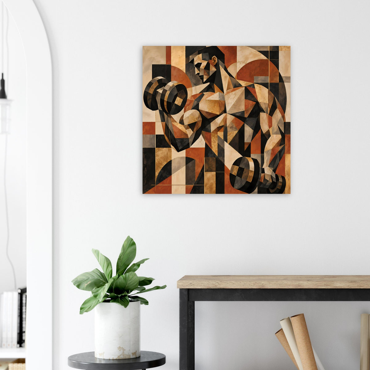 Abstraktes geometrisches Wandposter mit dunklen Linien und Kreisen in warmen Erdtönen