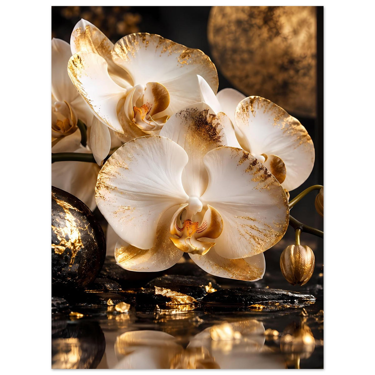 Poster: weiße Orchideen mit goldenen Akzenten, vertikal