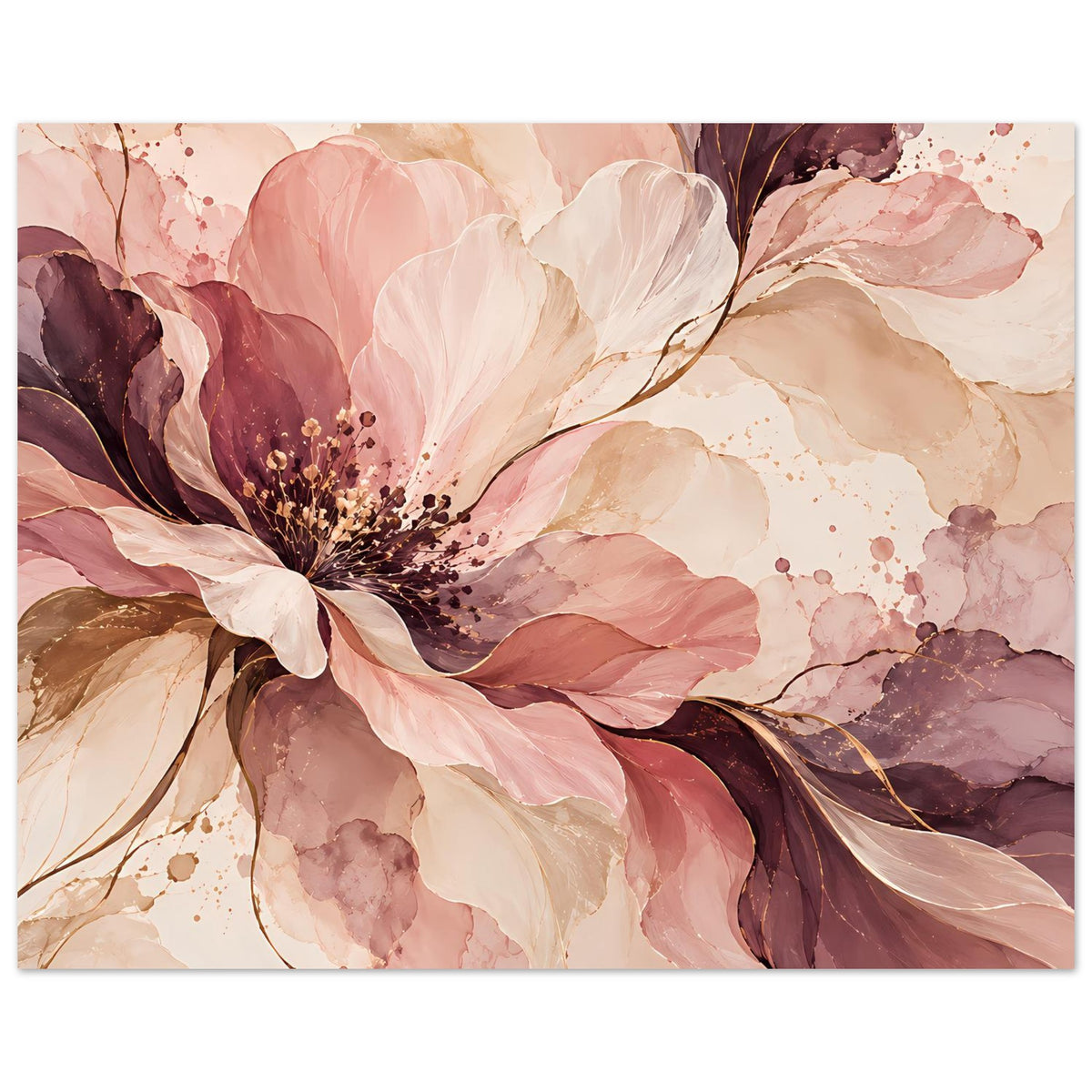 Blütenposter mit großen rosa Blüten, beigen Hintergründen und beerenfarbenen Pinselverläufen, horizontal