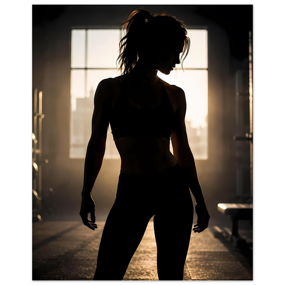 Fitnessposter im Hochformat mit schwarzer Silhouette einer Sportlerin, Hände unten