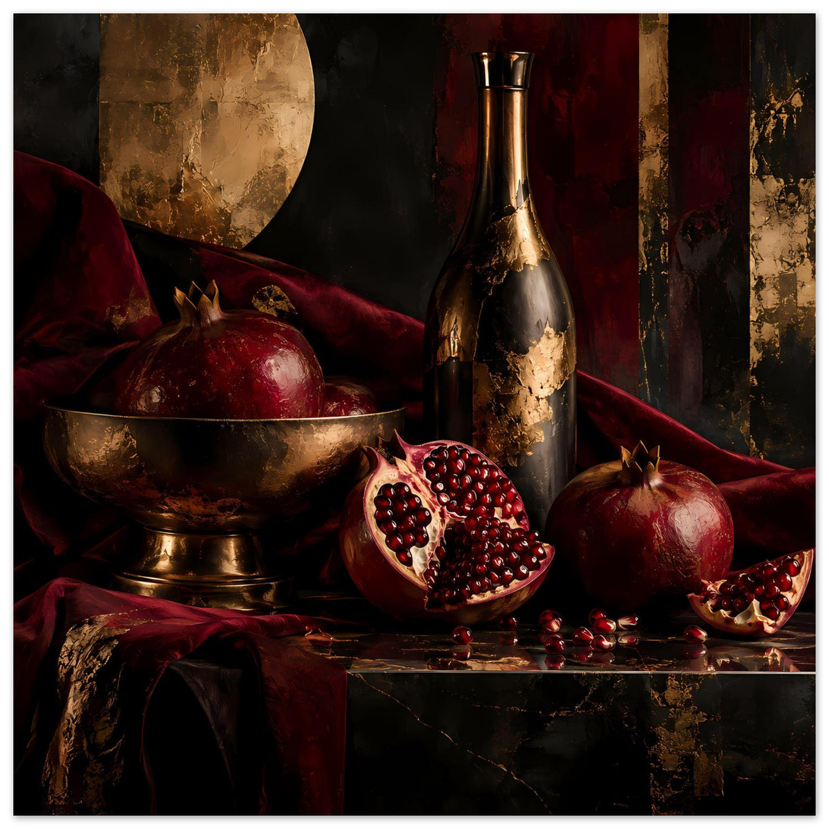 Stillleben-Poster: Granatäpfel, angeschnittener Granatapfel und goldene Schale neben Vase
