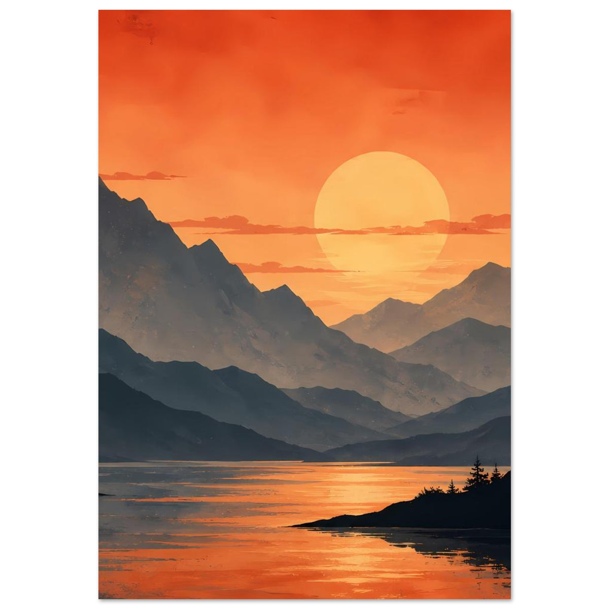 Wandbild: orangefarbener Sonnenuntergang mit großem Sonnenkreis, Bergsee und Bergkette