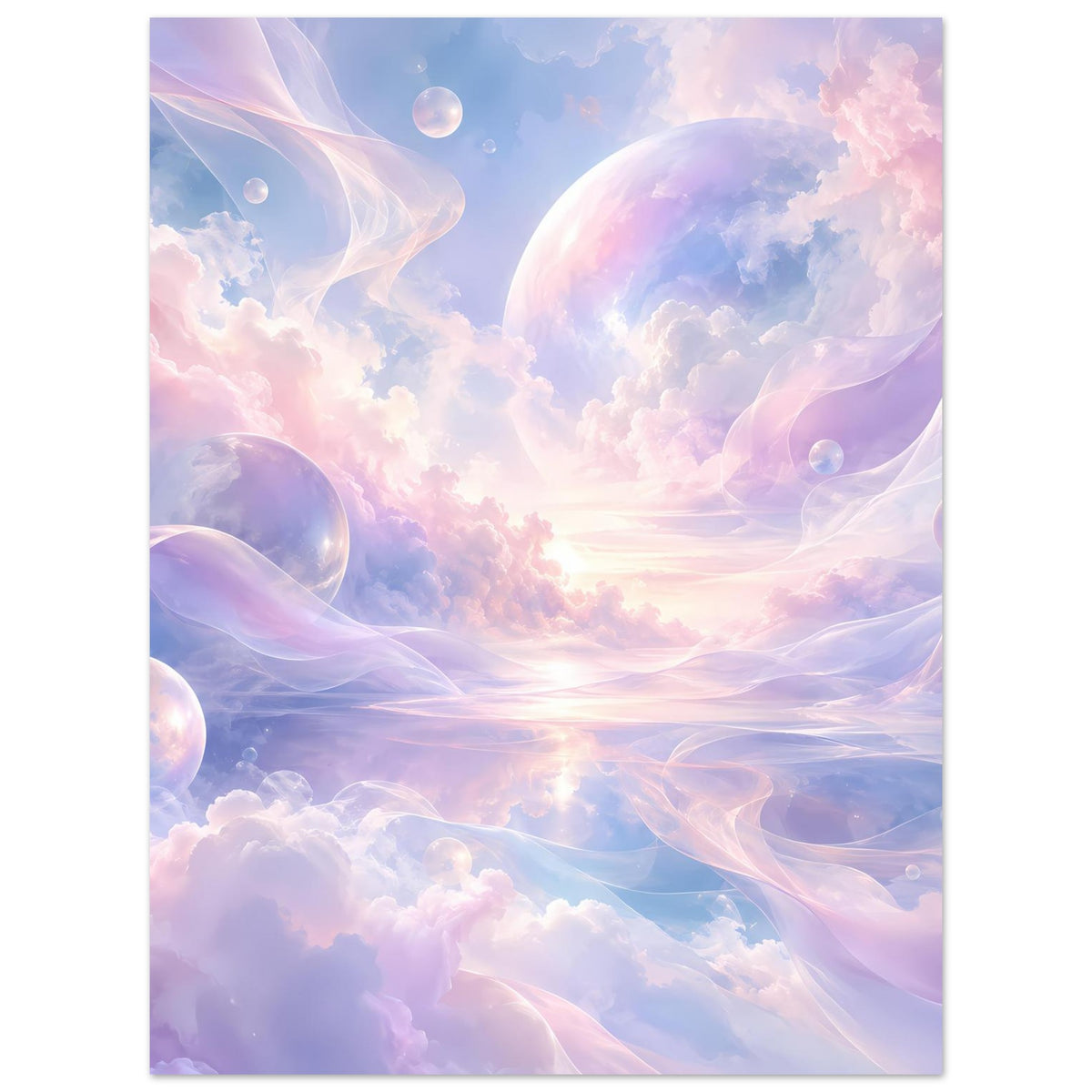 Himmelsmeer-Poster mit pastellfarbenen Wolken, schimmernden Blasen und runder Lichtquelle