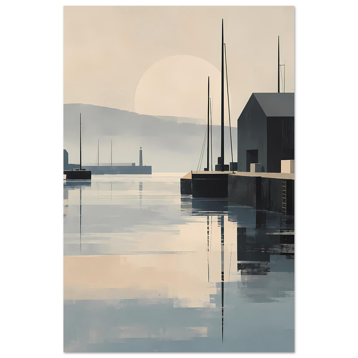 Minimalistisches Hafen-Sonnenuntergangs-Poster im Hochformat, graublaues Wasser, dunkle Formen, Rand
