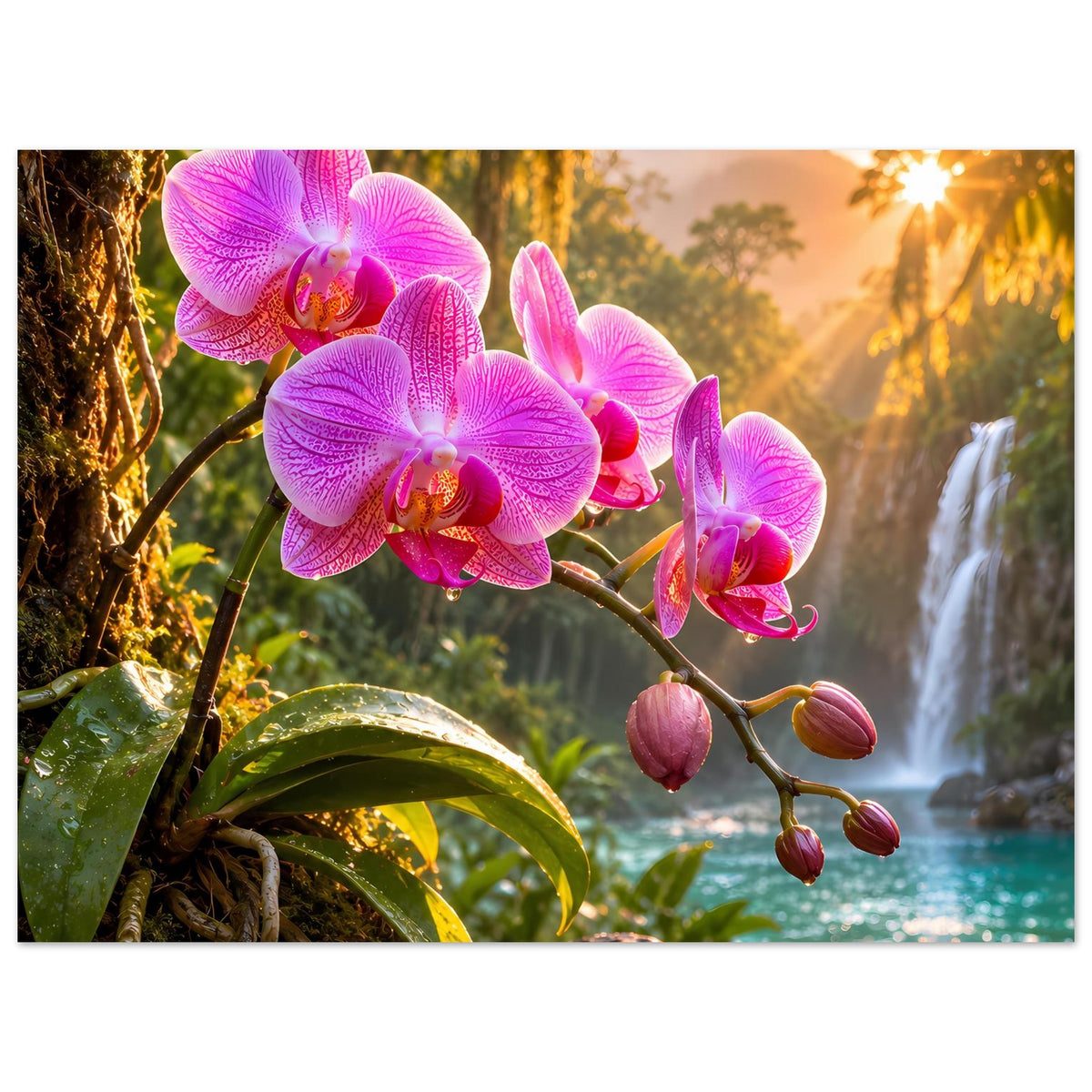Naturposter mit pinkfarbenen Orchideenblüten und Wasserfall im Hintergrund