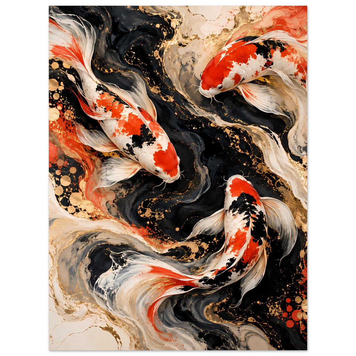Kunstposter mit Koi-Fischen in Schwarz und Rot, weißen Flossen auf abstraktem Hintergrund, Hochformat