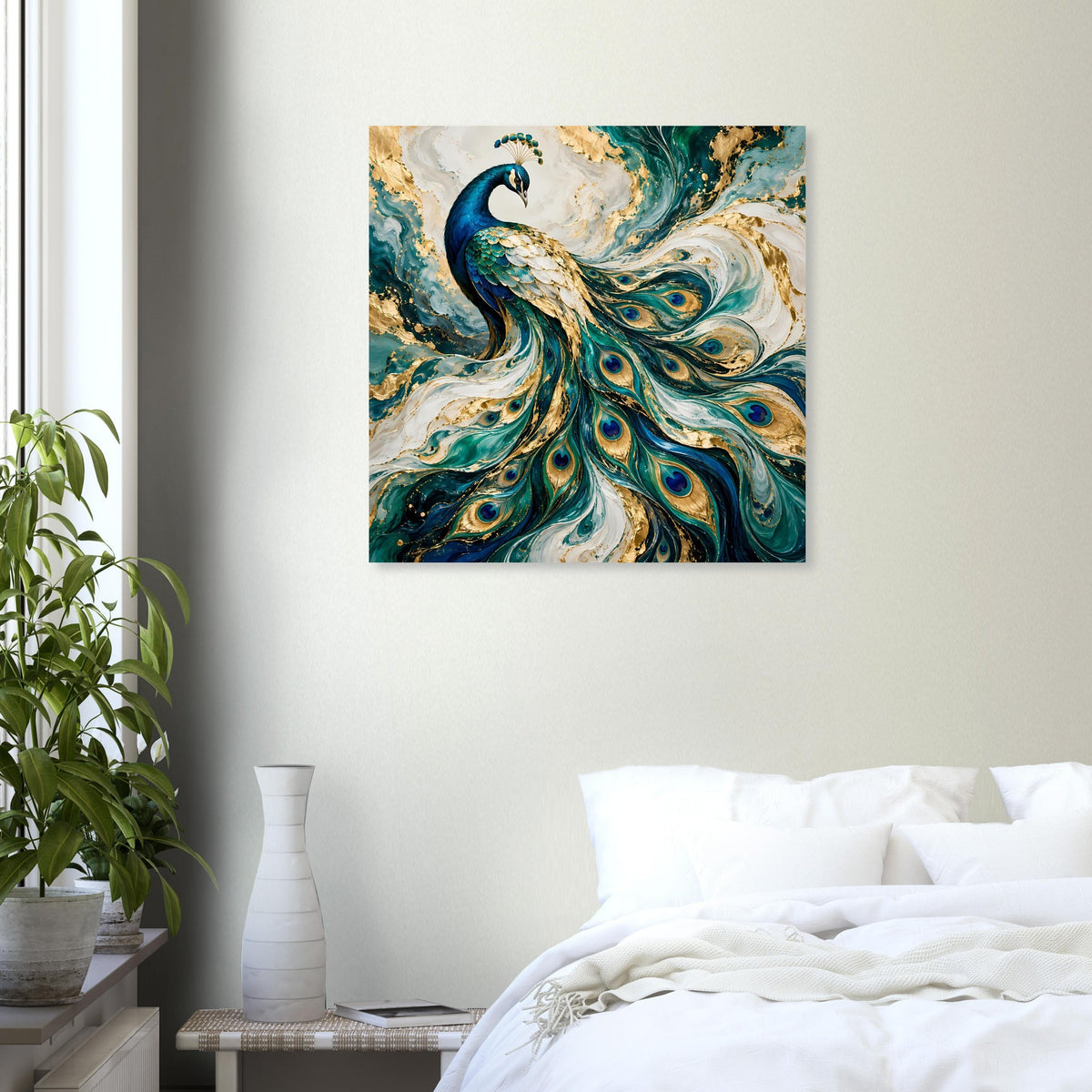 Pfau-Kunstposter mit blauem Pfau und goldenen Swirls, quadratisch