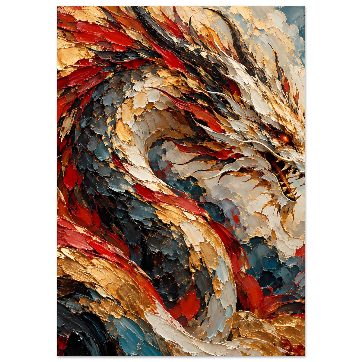 Fantasy-Poster mit Drache in warmen Rot-, Gold- und Blaunuancen, senkrechte Darstellung