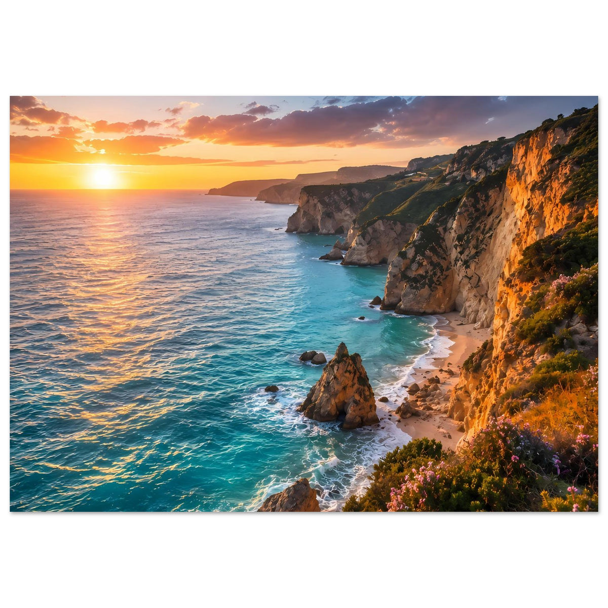 Breitformatiges Poster mit Küste, türkisblauem Wasser, Felsklippen und goldenem Sonnenuntergang