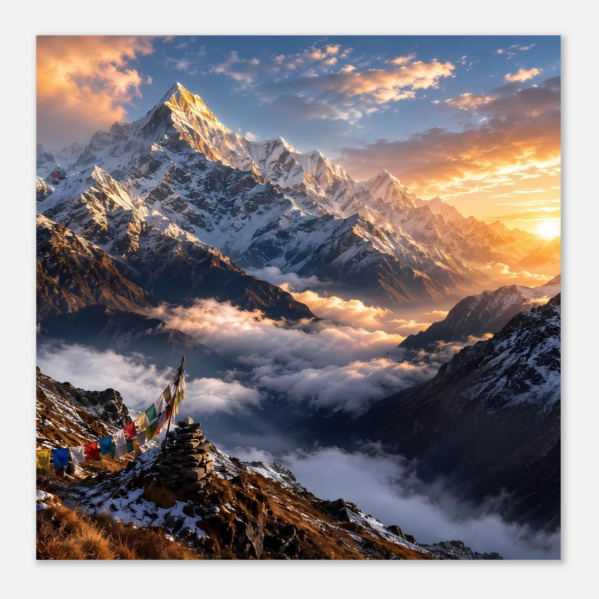 Poster im Querformat mit Sonnenaufgang, Berge im Kontrast, Wolken und Gebetsfahnen