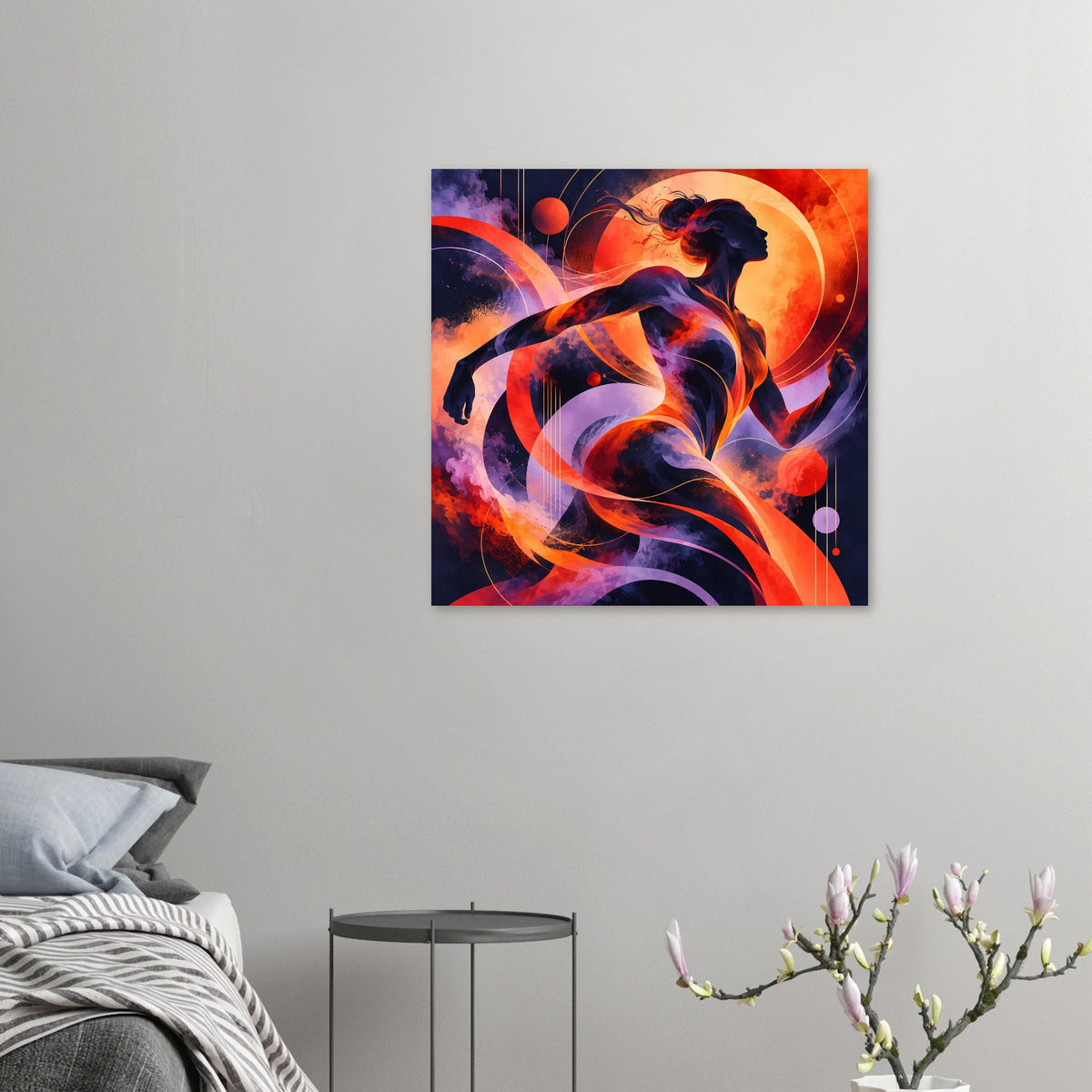 Kleines Poster mit abstrakter Frauensilhouette in leuchtenden Orange- und Blautönen