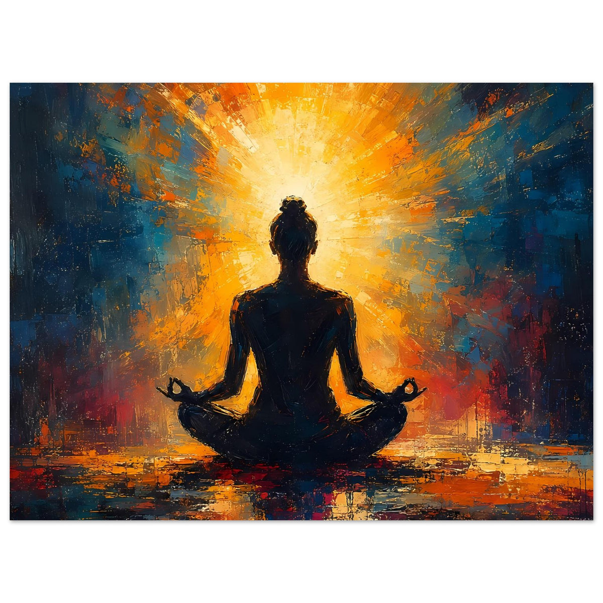 Hochkant-Poster mit sitzender Meditationsfigur, leuchtender Lichtaura in Gelb und Blautönen