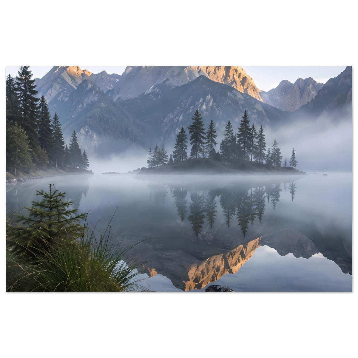 Poster: Bergsee mit Gipfelspiegelung, Gräser links, Berge und Fichten im Morgennebel.