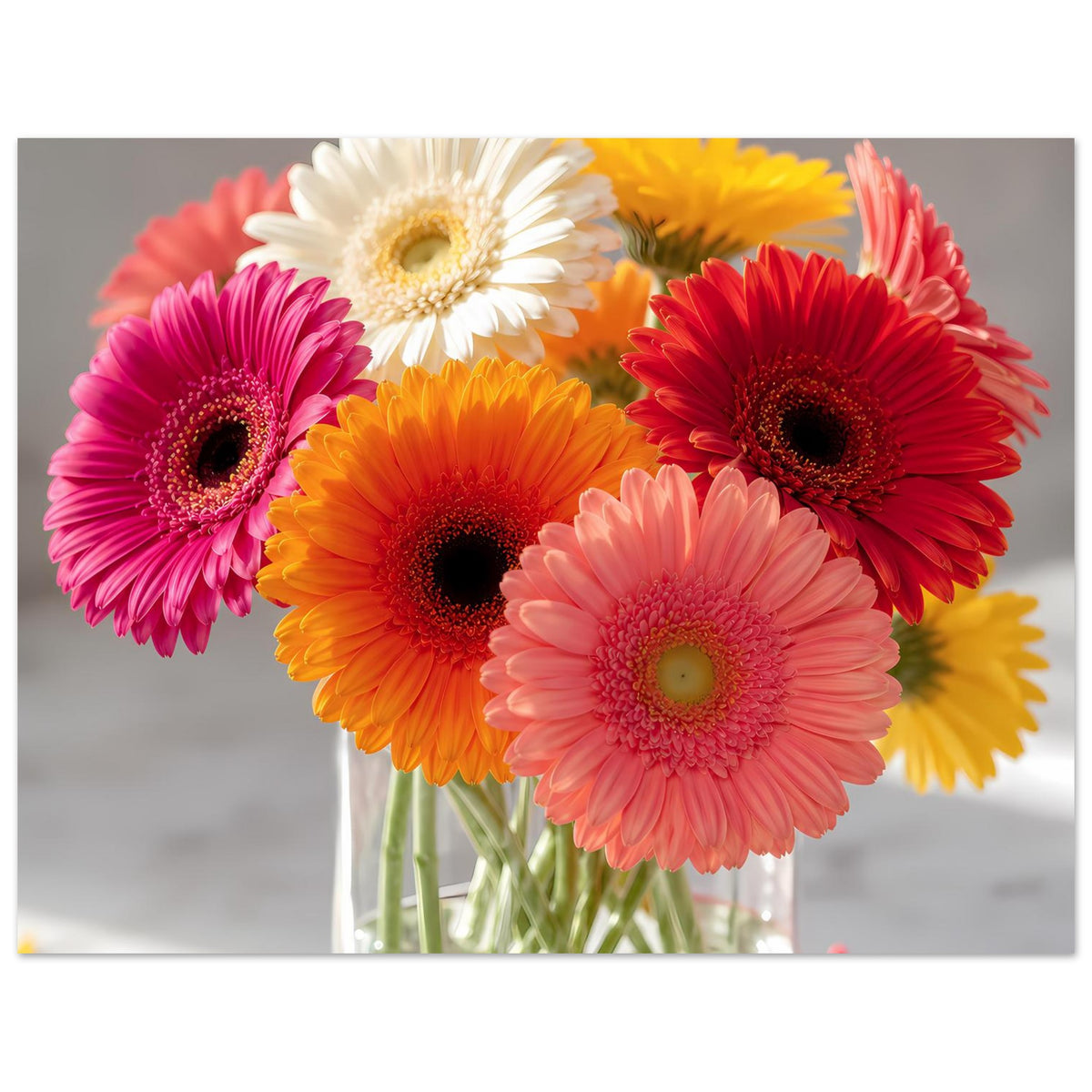Gerbera-Blumenposter mit bunten Gerbera-Blüten in Glasvase, ausgewogene Farbflächen