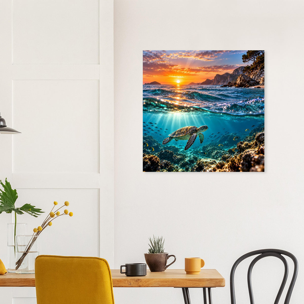 Quadratisches Poster mit Meeresschildkröte im Wasser, orangefarbener Sonnenuntergang