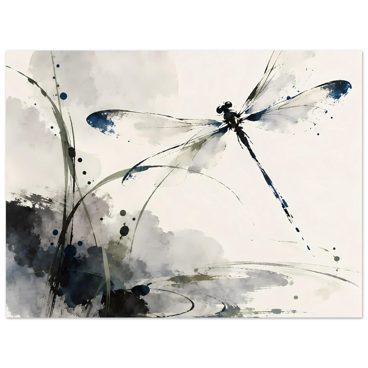 Aquarell-Poster mit Libelle in Blau und Grau, mehrere Linien, Tupfer und schwebende Farbverläufe