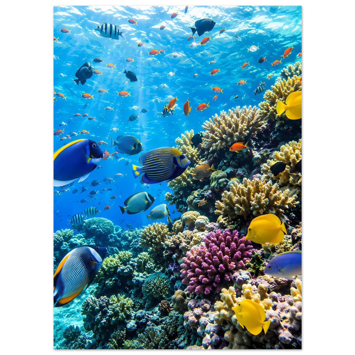 Poster mit Korallenriff und tropischen Fischen, links blaue Fische, rechts gelbe Fische