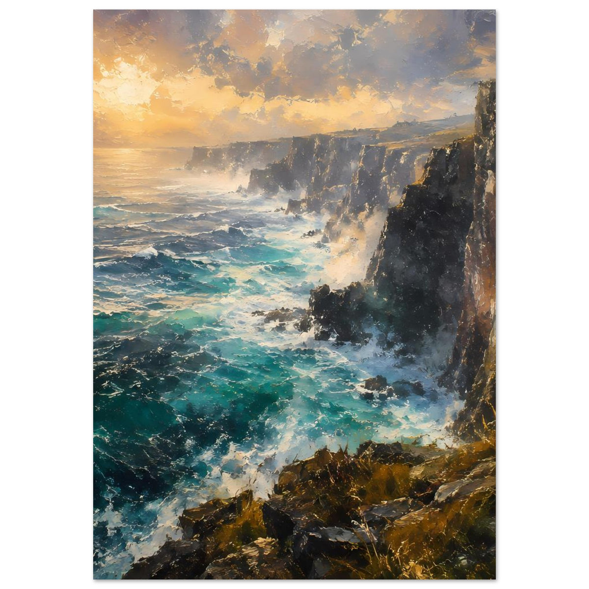 Poster mit felsiger Küste und türkisblauer Brandung bei goldenem Abendlicht