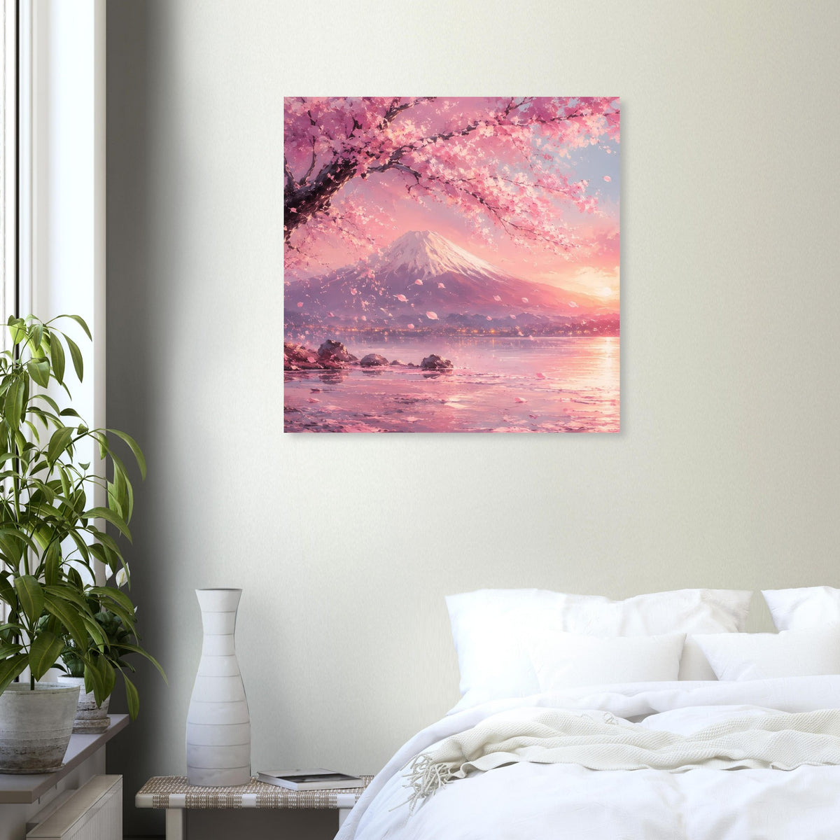 Poster mit Fuji-Berg, Kirschblüten im Vordergrund und rosafarbenem See bei Abendlicht
