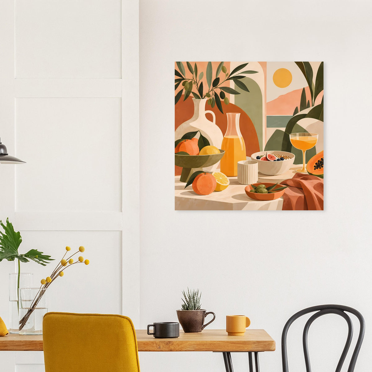 Gerahmtes Stillleben-Poster mit Vase, Obst und grünen Blättern in kräftigen Pastell-Tönen