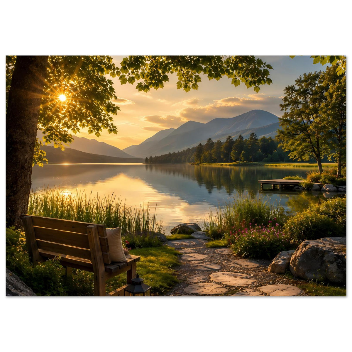 Seeposter im Querformat: Sonnenuntergang über dem See, Steg, Uferpflanzen, Bank und Laterne