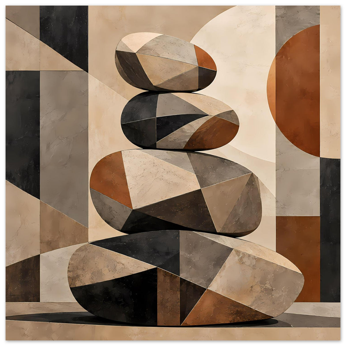 Abstraktes Poster mit geometrischem Steinstapel und runden Akzenten in Braun und Beige