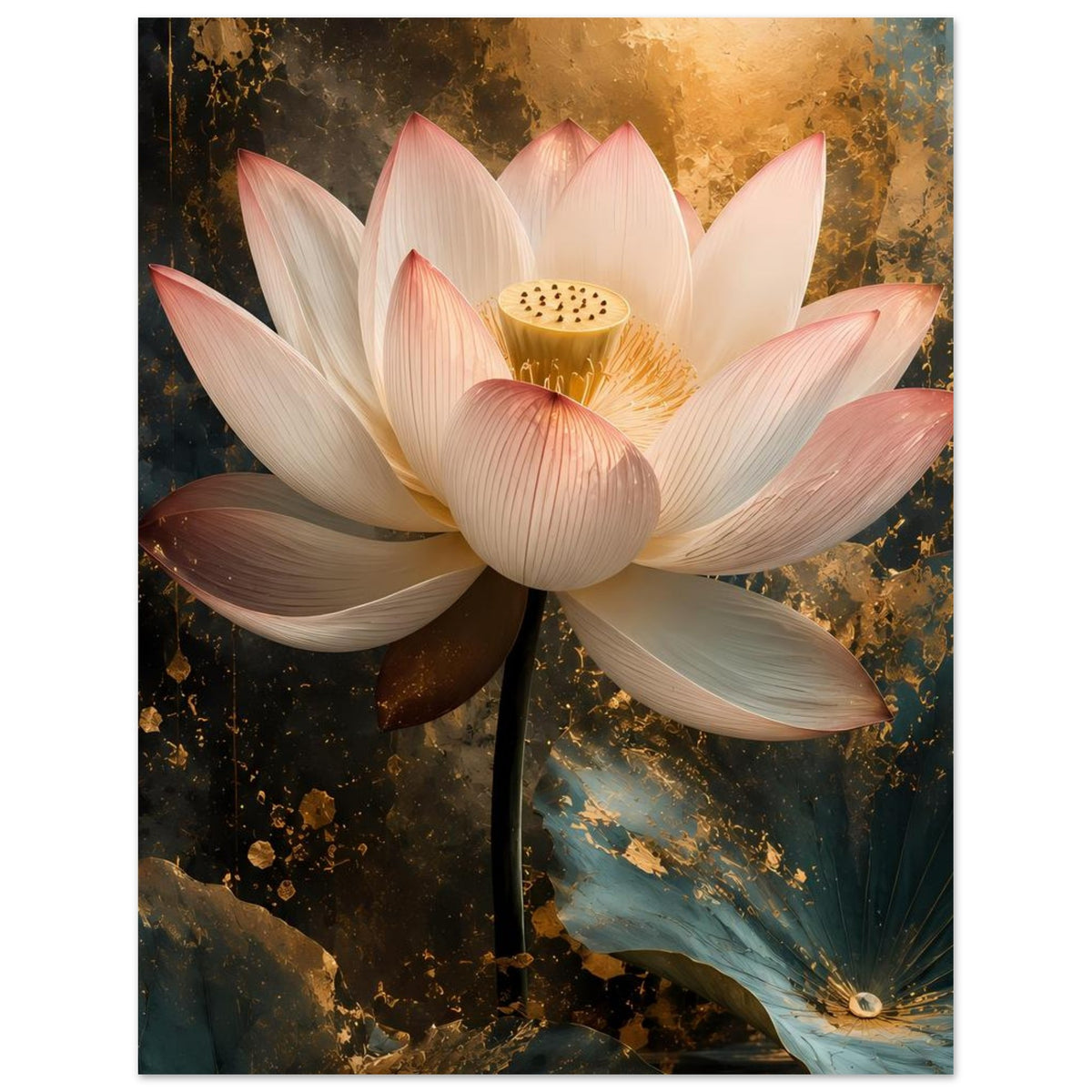 Lotusblüten-Poster mit goldener Blütenmitte, creme-weißen und rosafarbenen Blütenblättern