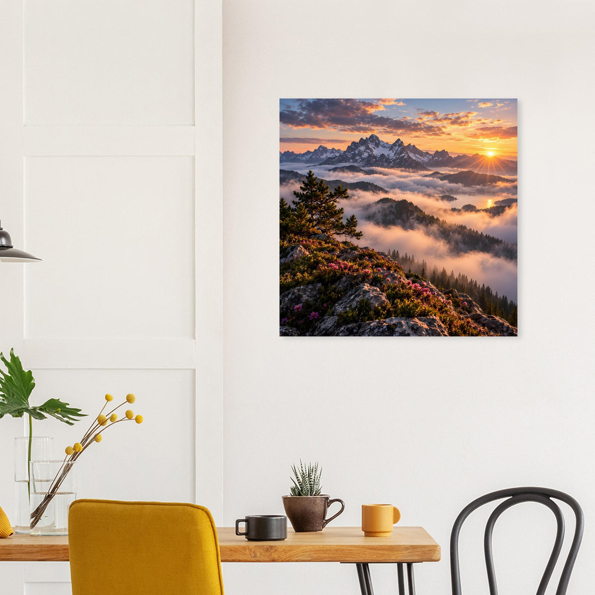 Quadratisches Wandposter: sonniger Sonnenaufgang über Hügeln und Nebeltal